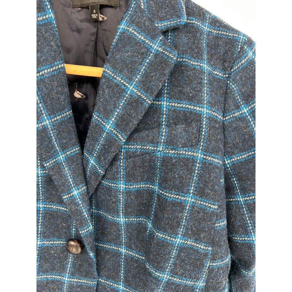 Talbots Womens 6 Wool Blend Navy & Turquoise Plaid Blazer AOP Lining Academia - Picture 2 of 11
